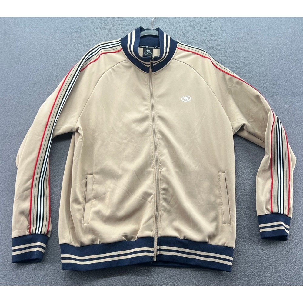 Jian Wang Track Jacket Mens 3XL Tan Full Zip Side Stripe Navy Red White